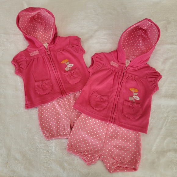 CARTER'S ♡ 2pc Pink Floral Short Sleeve Zip Front Hoodie w/Polka Dot Shorts NB - Picture 6 of 17